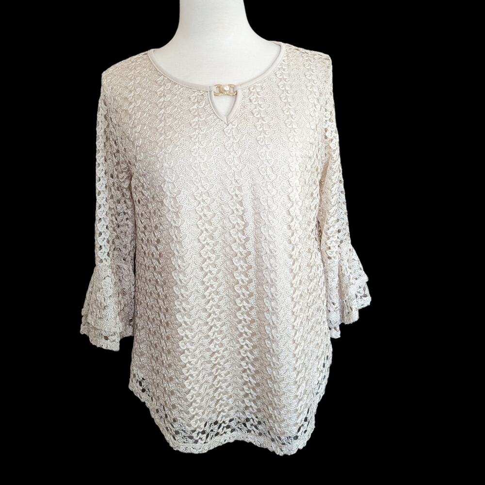 Onyx Women's Tan Lace Blouse With Bell 3/4 Sleeves Size M